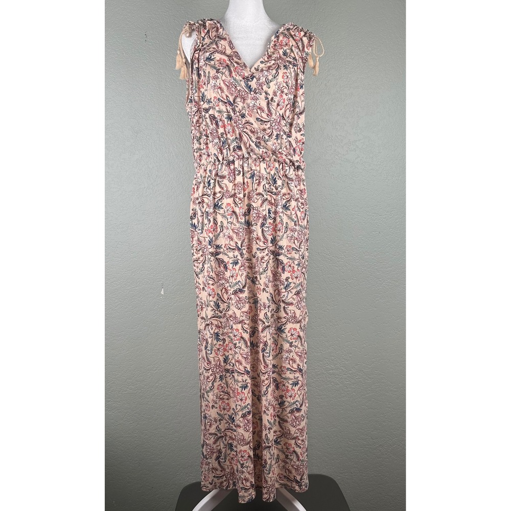 Lauren Ralph Lauren Floral Maxi Dress XL Pink Boho Tassel Shoulder V-Neck Slit